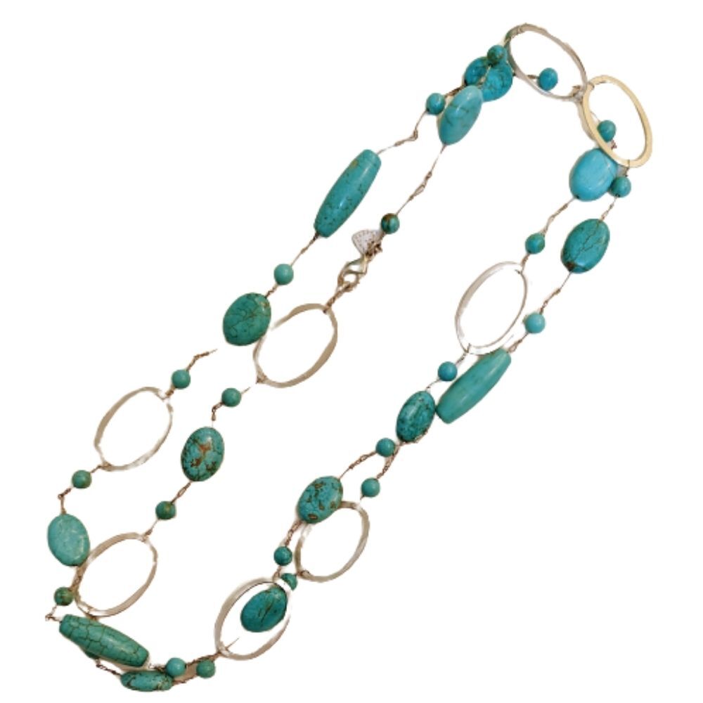 Stella & Dot Necklace - Turquoise Stones Silver Oval Chain